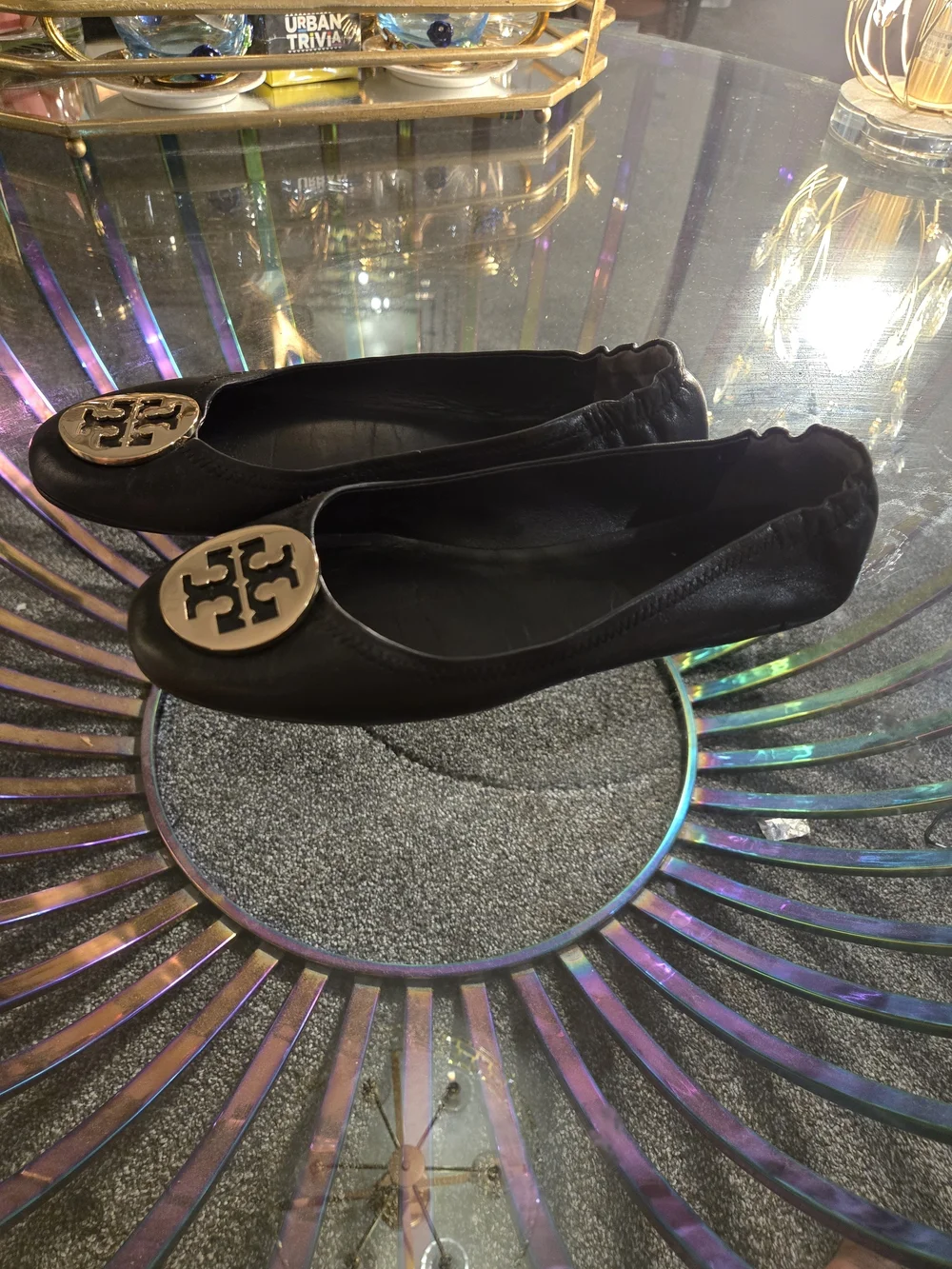 Tory Burch Black Leather Logo Medallion Ballet Flats Size 9